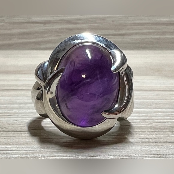 Designer Sterling Silver Bold Amethyst Cabochon Swirl Cocktail Ring, Size 6 - Picture 2 of 11